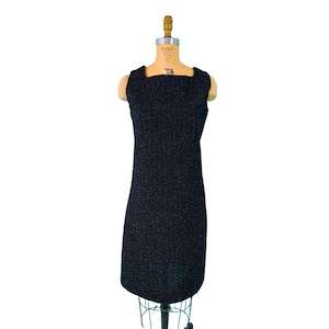 Vintage 60s Shift Dress Womens Medium Black Silver Metallic Cintura