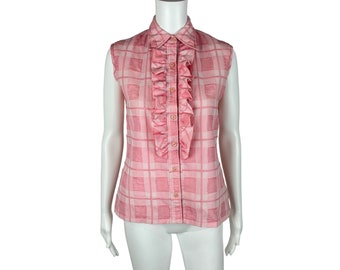 Vintage 70s Checkered Top Women's Medium Pink Ruffle Button Down Sleeveless Plaid Shirt