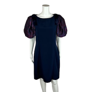 Vintage 80s Cocktail Dress Women&#39;s Large Paisley Print Puff Sleeves Bow Shoulders