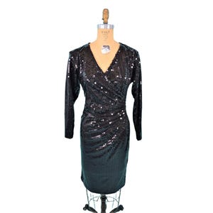 Vintage 80s Sequin Dress Womens Small Black 80s Surplice Cocktail Sheath