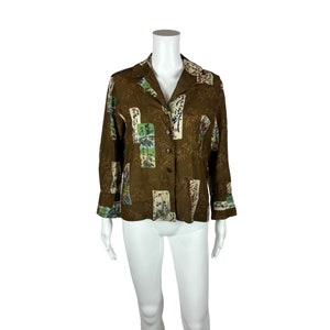 Vintage 50s Silk Blouse Women&#39;s Medium Asian Motif Multi Color Long Sleeve Top