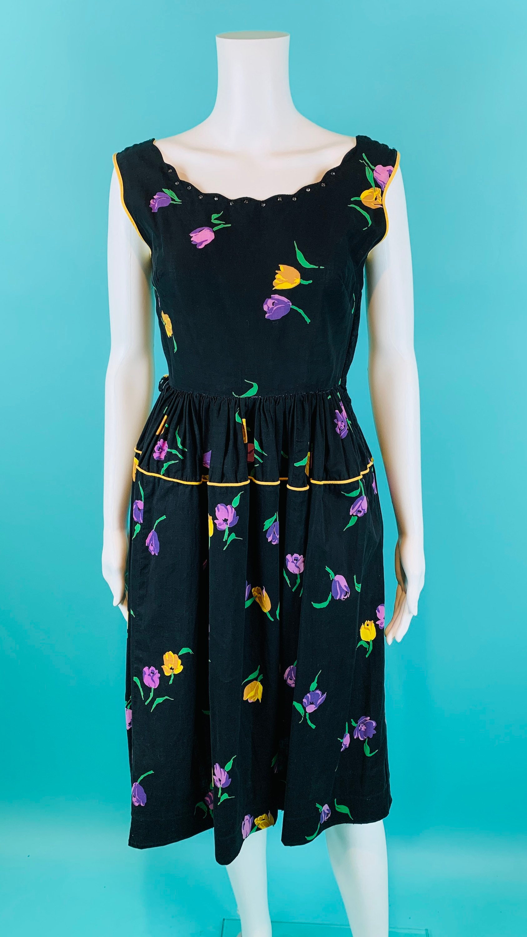 Vintage 1950s Tulip Dress Floral Print Rhinestone Neckline | Etsy