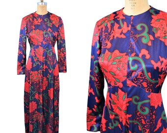 Vintage 1970s Maxi Dress Bold Purple Red Print Long Sleeves Boho Peck & Peck | W 29"