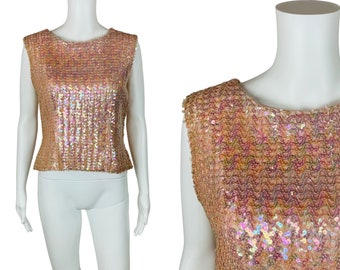 Vintage 50s Pink Sequin Sleeveless Top Glamorous Evening Tank B 36&quot;
