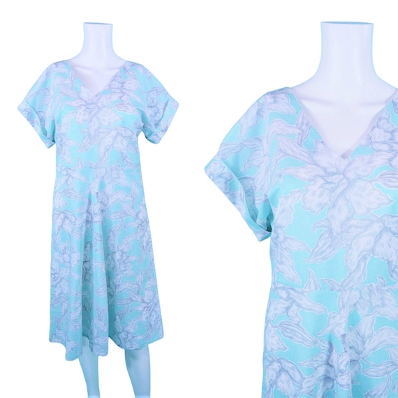 Vintage 1980s Tropical Dress Aqua Gray Hawaiian Fi