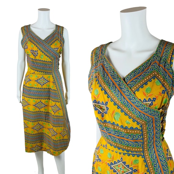 Vintage 1950s Wrap Dress Cotton Floral Mustard Ye… - image 1