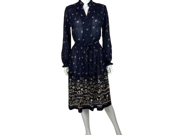 Vintage 80s Sheer Dress Womens M Navy Blue Peacock Floral Border Print Vintage 80s Sheer Dress Womens M Navy Blue Peacock Floral Border Print