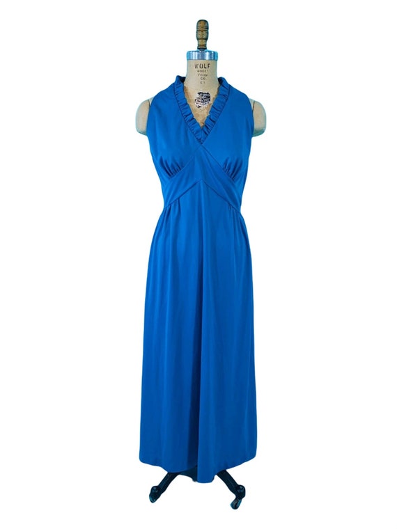 Vintage 1970s Blue Maxi Dress Ruffle Empire Waist… - image 2