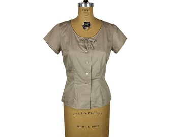 Vintage 50s Beige Blouse Womens Medium Scoop Bow Neck Button Down Top Pin Up