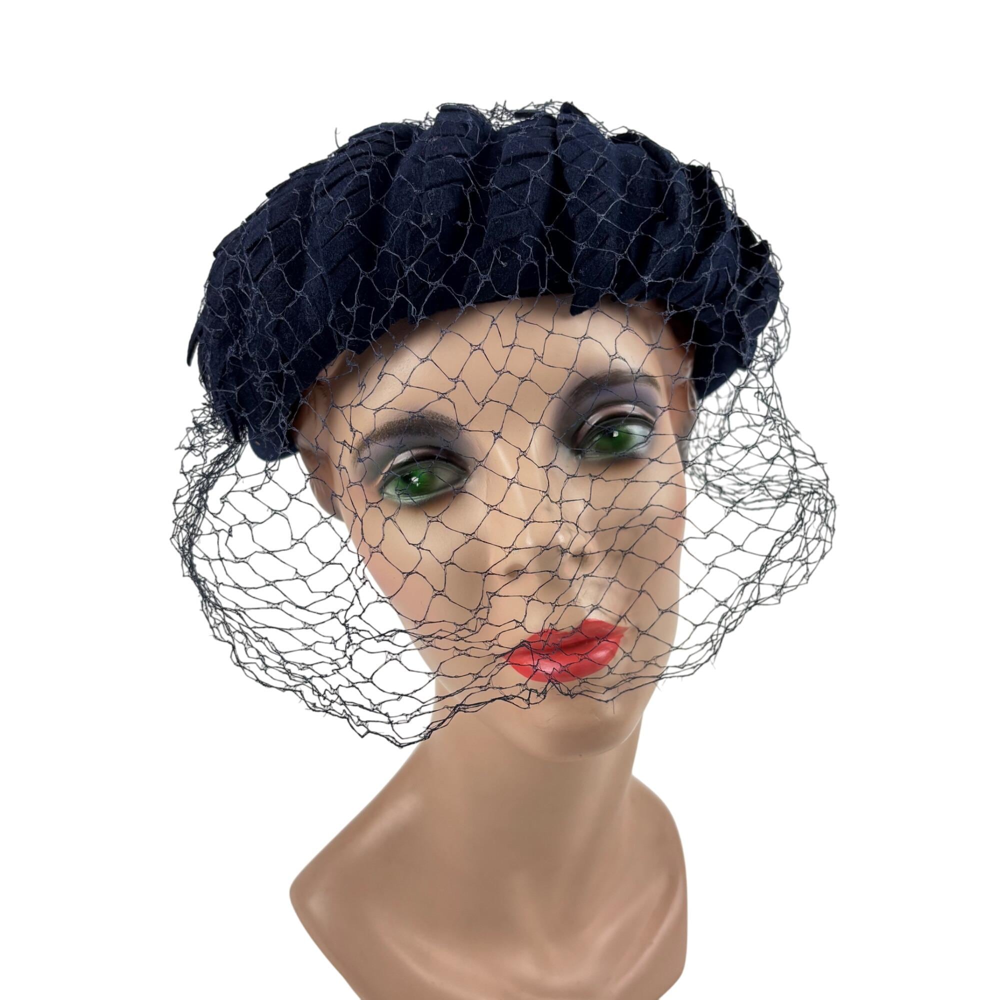Vintage 50s Navy Hat Blue Veil Wool Scaled Calot Starling - Etsy display picture 1