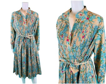 Vintage 1970s Floral Dress Women's Large Blue Accordion Pleats Marie for Francis X