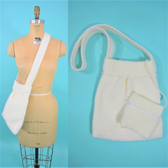 Vintage 1960s Shoulder Bag | White Crochet Handmad