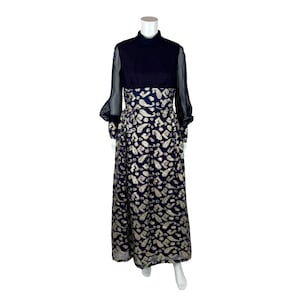 Vintage 70s Metallic Dress Women&#39;s Small Blue Purple Silver Paisley Motif Maxi Sheer Sleeves