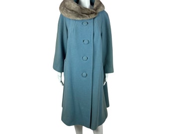 Vintage 60s Swing Coat Women's Extra Large Lilli Ann Baby Blue Fur Collar Overcoat