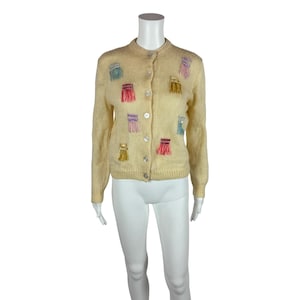 Vintage 60s Mohair Cardigan Women&#39;s Medium Pastel Yarn Details Wool Sweater