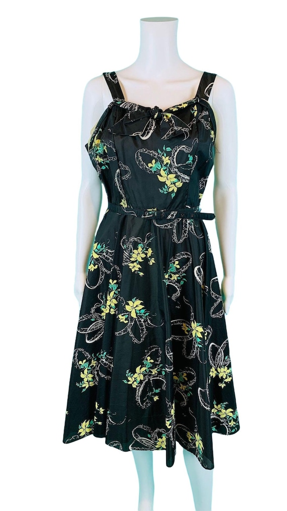 Vintage 1950s Party Dress Black Yellow Floral Pri… - image 2