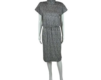 Vintage 80s Zebra Dress Women's Large Black White Animal Print Mock Neck Sheath