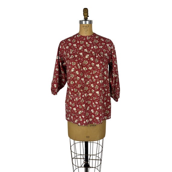 Vintage 70s Smock Top Womens Small Handmade Red F… - image 1