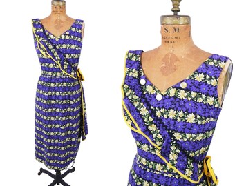 Vintage 50s Style Tropical Sarong Dress Floral Purple Yellow Pinup | W 26"