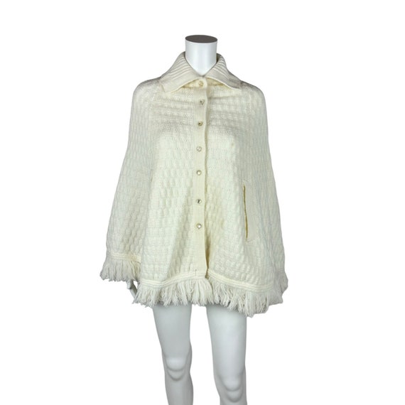 Vintage Pointelle Cape Fringe Acrylic Sweater Poncho Wintuck Boho