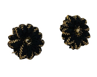 Vintage Fabric Floral Black Gold Screw Back Earrings