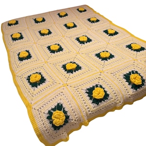 Vintage Handmade Crochet Blanket Yellow Raised 3D Flowers Granny Squares Afghan