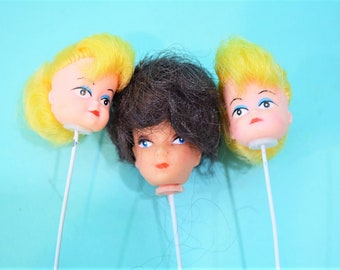 Vintage 1970s Doll Heads Blonde Brunette Plastic On Wire | Set Of 3