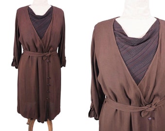 Vintage 1920s Dress Draped Cowl Chocolate Brown Volup | W 39"