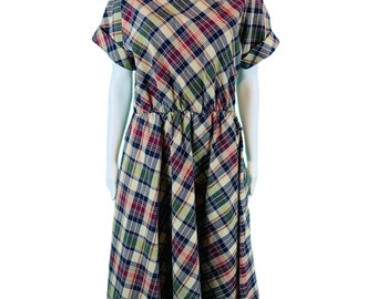 Vintage 80s Plaid Dress Women's Large Multicolored Button Skirt Rolled Sleeves