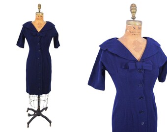Vintage 1950s Wool Dress Navy Blue Fitted Button Down Sheath | W 26"