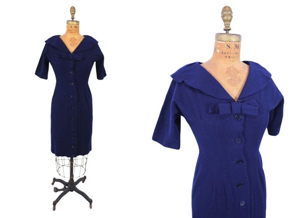 Vintage 1950s Wool Dress Navy Blue Fitted Button … - image 1