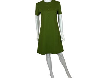 Vintage 60er Jahre Mod Mini Kleid Damen Small Avocado Grün Polyester Babydoll Shift