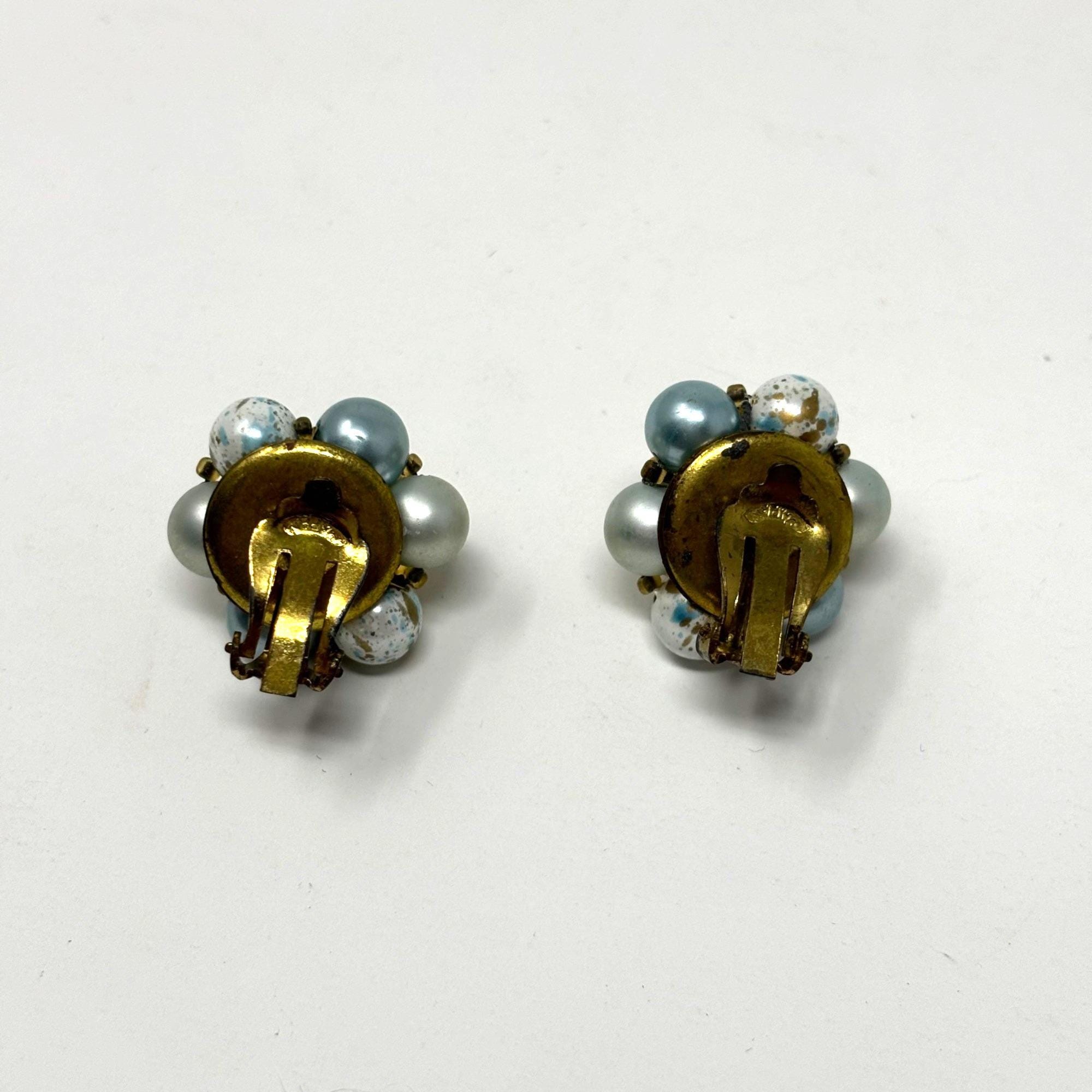 Boucles D'oreilles Clips Vintage - Or Et Argent Avec Perle Bleue Rare - Modèle 5120 - Occasion Bon état