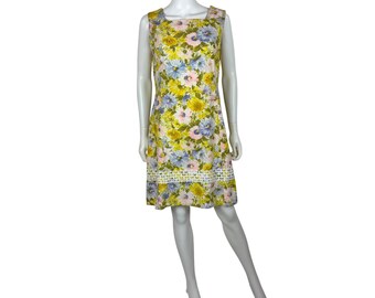 Vintage 60s Floral Shift Womens Medium Pastel Cotton Embroidered Trim Spring Day Dress