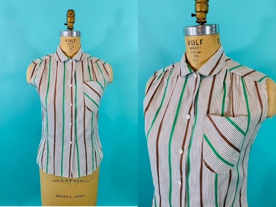 Vintage 1950s Striped Blouse | Sleeveless Green Bl
