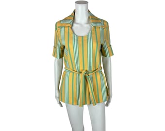 Camisa de poliéster con cuello tipo túnica verde y amarillo de rayas de los años 70 para mujer