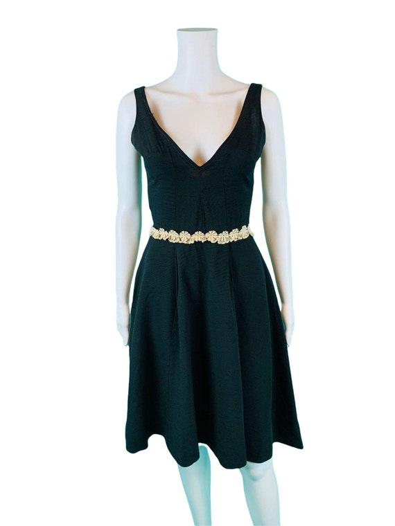 Vintage 1950s Black Cocktail Dress Vneck Cream Fl… - image 2