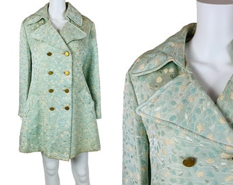 Vintage 60s Brocade Pea Coat Aqua Cream Polka Dot Dress Coat