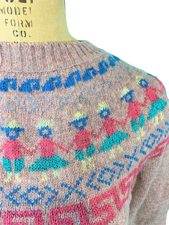 Vintage 1980s Pink Sweater Fair Isle People Metal… - image 5