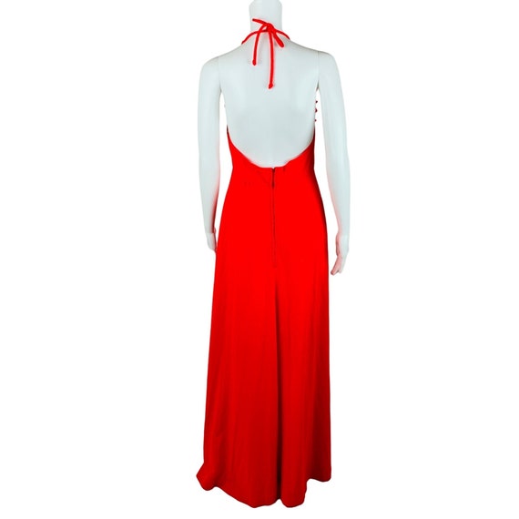 Vintage 1970s Maxi Dress Solid Red Ruffle Neck Ha… - image 8