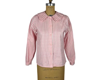 Vintage 80s Gingham Shirt Womens M Feminine Pink Checkered Peter Pan Collar Top