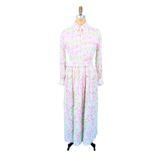 Vintage 1970s Embroidered Maxi Dress Pink Lime Gr… - image 2