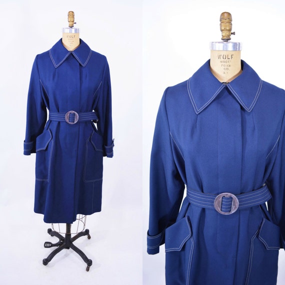 Vintage 1960s Trench Coat | Navy Blue Belted Light