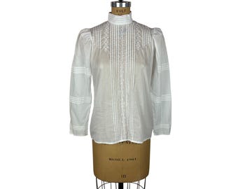 Vintage 80s Edwardian Shirt Womens Small White Embroidered Pink Romantic Top