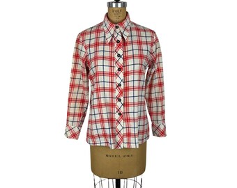 Vintage 70s Plaid Shirt Womens M Cotton Seersucker Red Blue Long Sleeve Top Patriotic