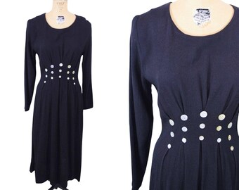 Vintage 1980s Long Black Dress Button Detail Bohemian Witchy | W 29"