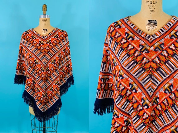 Vintage 1970s Knit Cape | Bohemian Navy Ikat Sweat