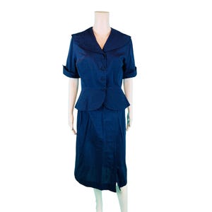 Vintage 50s Suit Set Womens Small Navy Blue Large Collar Top Skirt Outfit