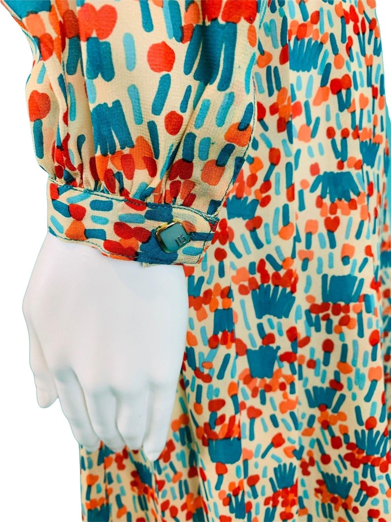 Vintage 1980s Silk Shirtdress Necktie Red Orange Blue Artistic Printed Dress W 27 image 7