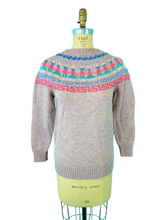 Vintage 1980s Pink Sweater Fair Isle People Metal… - image 2